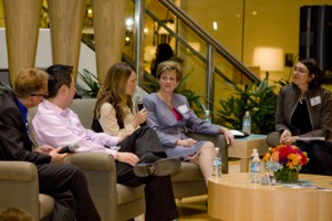 shopsymposium09 Social Networking Panelists at CRAVE Shop Symposium '09, Seattle: JJ McKay of JJ McKay & Co; Michael Kim of Grapevyn; Hazel Grace Dircksen of Socialbees, Laura Christianson (in a suit!), and moderator Lara Feltin of Biznik.